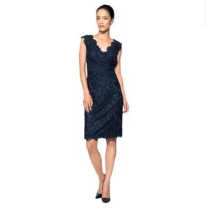 Tadashi Shoji Navy Floral Embroidered Lace V-Neck Eyelash Scallop Mini Dress